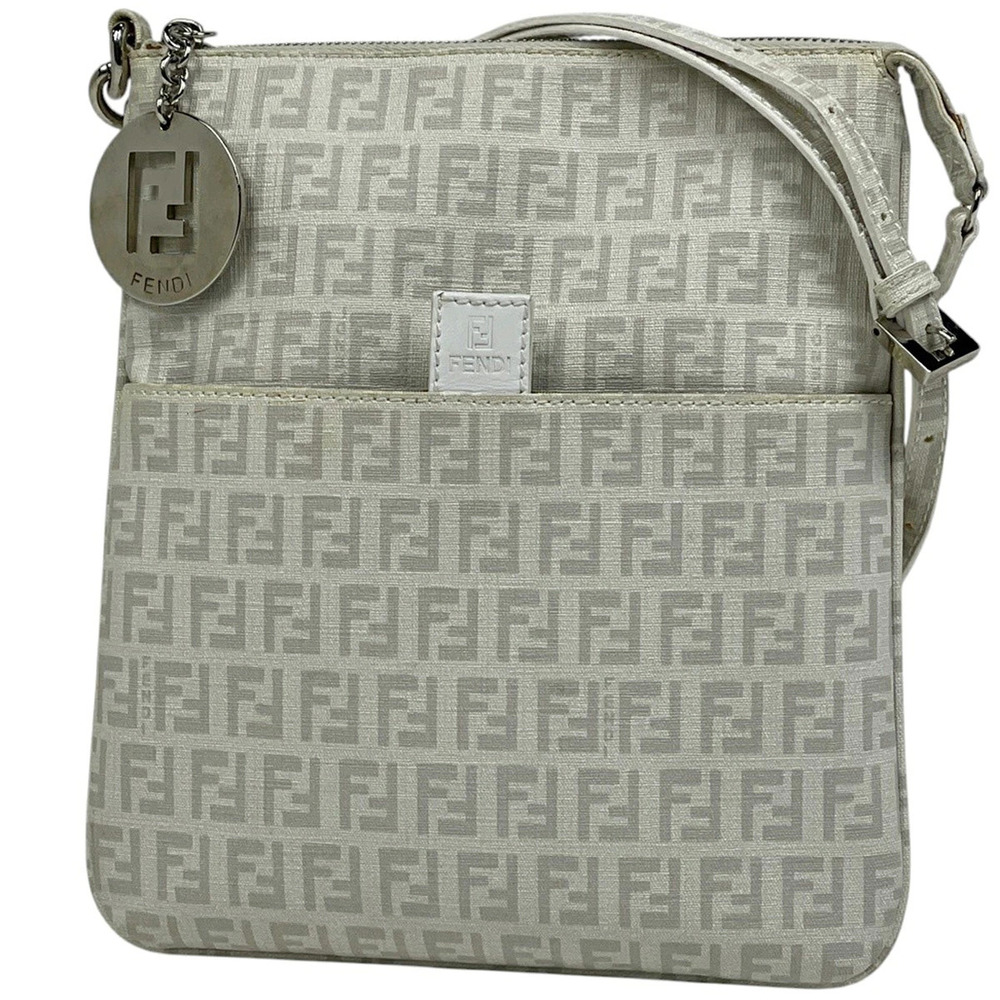Fendi Zucchino Chain Shoulder Bag All over Crossbody Canvas White